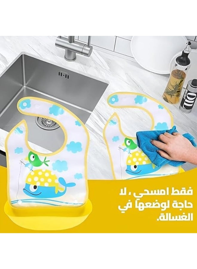 مريلة سيليكون للأطفال الرضع والصغار - مريلة مقاومة للماء مع جيب لجمع الطعام، مصنوعة من مادة ناعمة ومريحة، سهلة التنظيف، تحمي ملابس الطفل من انسكاب الطعام والسوائل - لون وشكل عشوائيان - Image 2